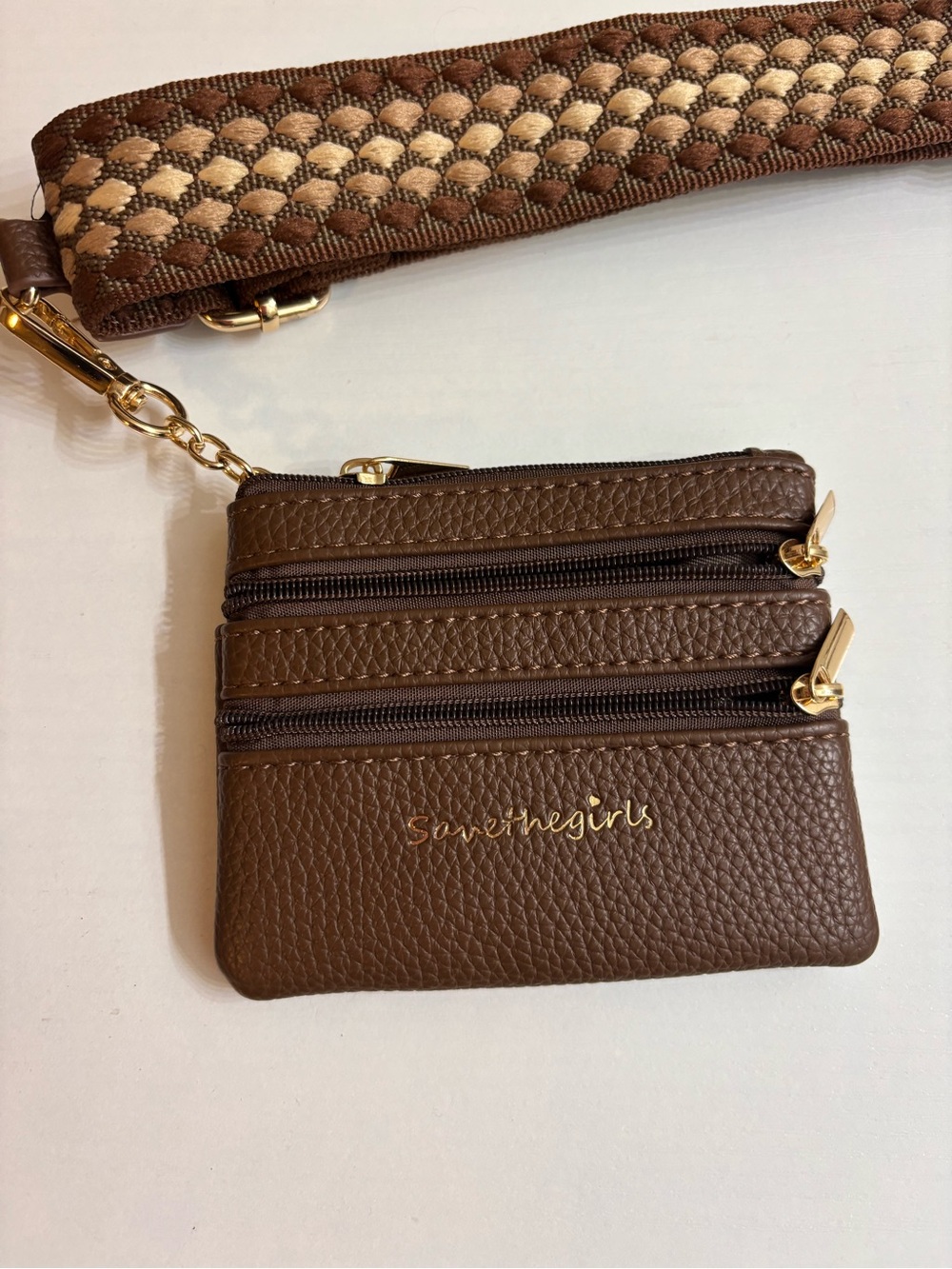 Save the Girls Brown Textured Triple-Zip Wristlet Wallet